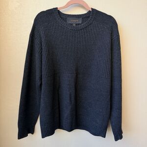 Coach 100% Wool Sweater Men’s L Dark Gray Rib Knit Leather Elbow Patch Crewneck